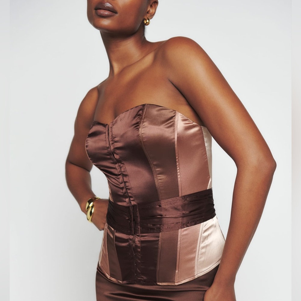 Charlotte Russe Strapless Corset Top Y2K Vintage Silk Pink Cream Brown Small